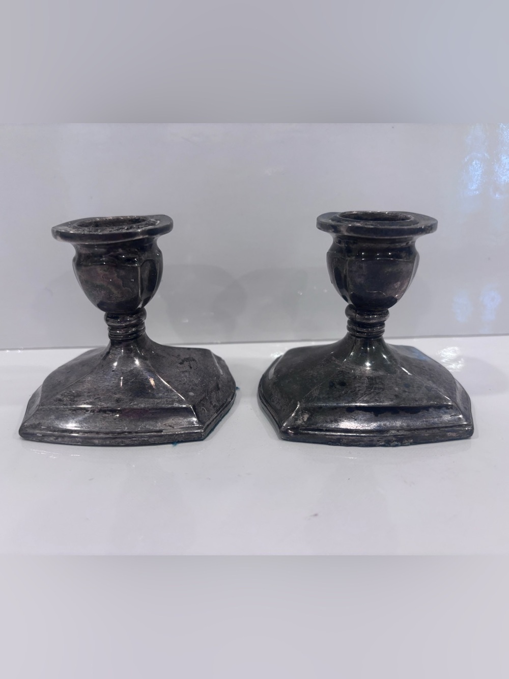 Vintage art deco silver plate candlestick holders pair square vase top taper